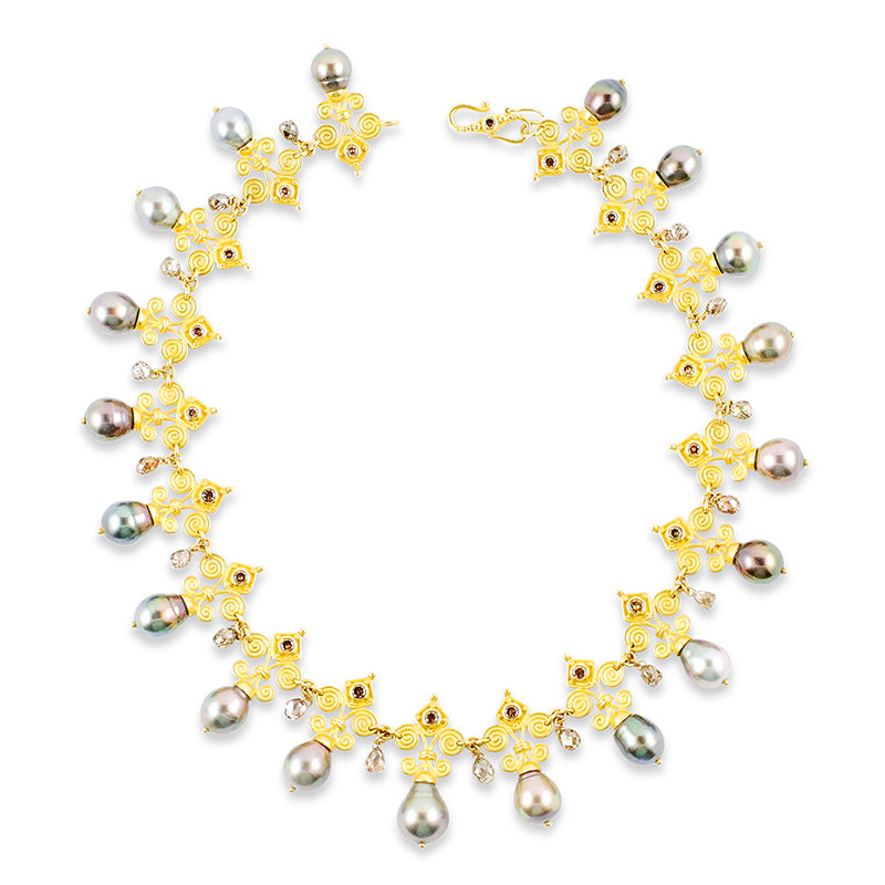 "Fleur de Lys" Collar Necklace (Tahitian Pearl, Cognac Diamond, 22k Gold)