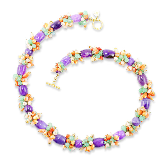 "Fiesta" Necklace (Sugilite, Coral, Chrysoprase Agate, Emerald, Pearl, 18k Gold, Vermeil)
