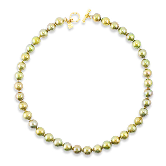 "Lola Toggle" Necklace (Pistachio Green Freshwater Pearl, 18k, 22k Gold)