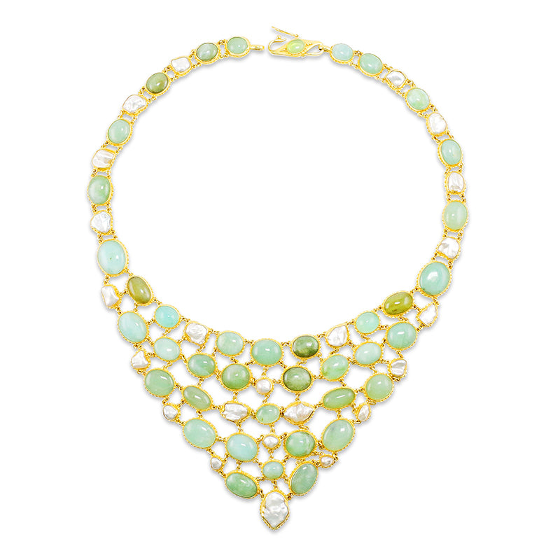 "Florida Fishnet" Bib Necklace (Peruvian Opal, Keshi Pearl, 18k, 22k Gold)