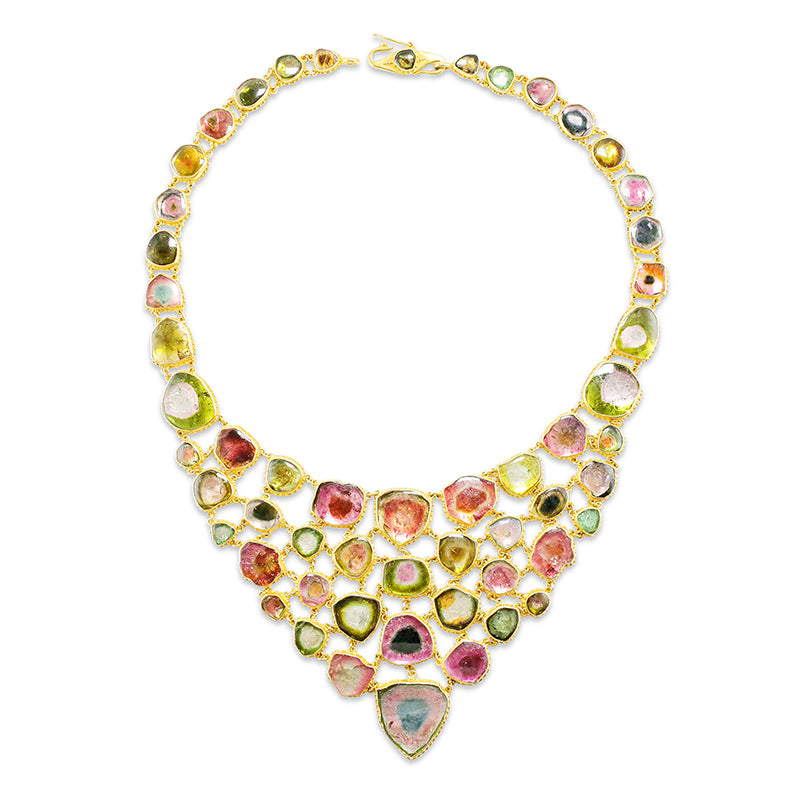"Watermelon Fishnet" Bib Necklace (Watermelon Tourmaline, 22k, 18k Gold)