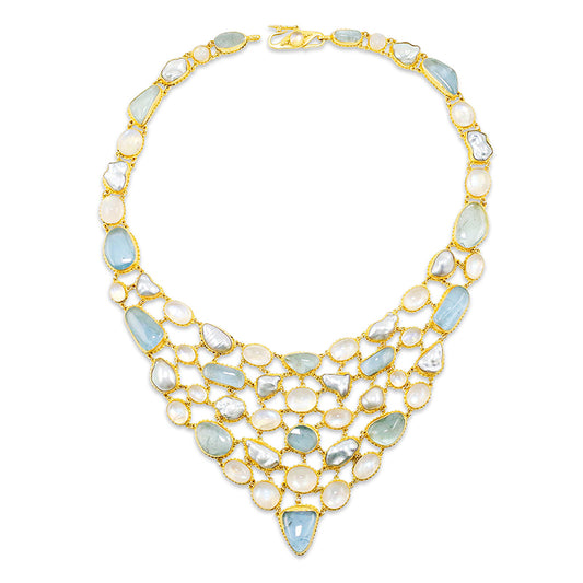 "Aqua Fishnet" Bib Necklace (Aquamarine, Moonstone, Pearl, 18k, 22k Gold)