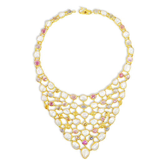 "Liberty Fishnet" Bib Necklace (Sapphire, Ruby, Keshi Pearl, 18k, 22k Gold)