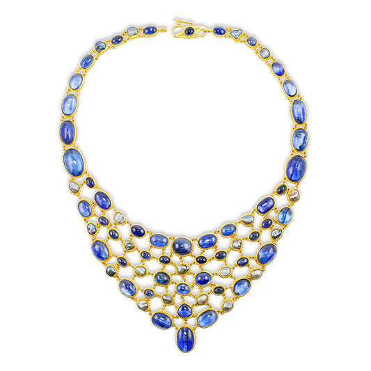 "Indigo Fishnet" Bib Necklace (Kyanite, Sapphire, Pearl, 18k, 22k Gold)