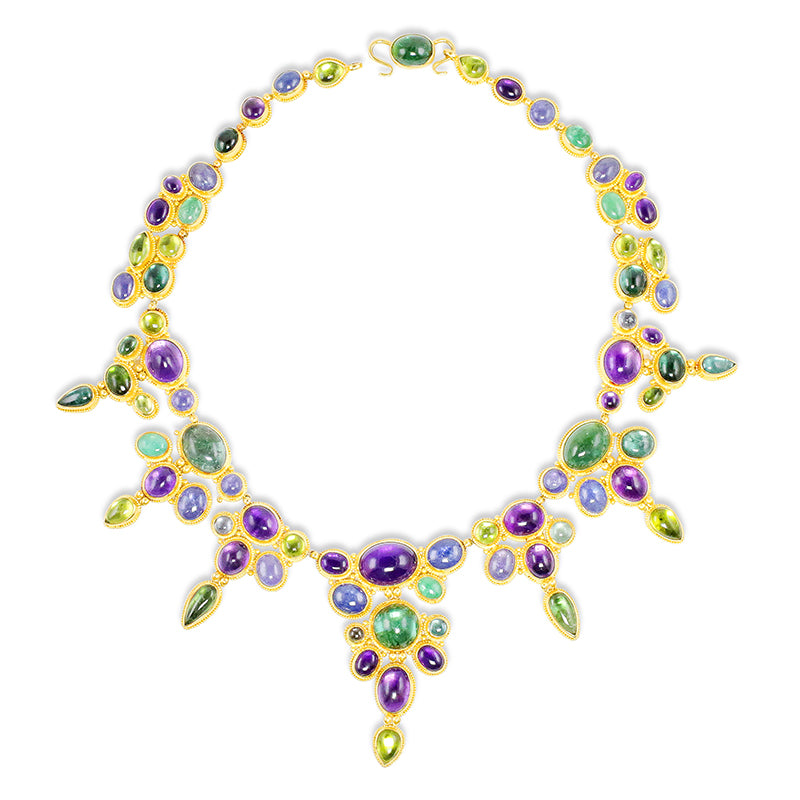 "Carnivale" Collar Necklace (Amethyst, Tourmaline, Tanzanite, Peridot, Emerald, 22k Gold)