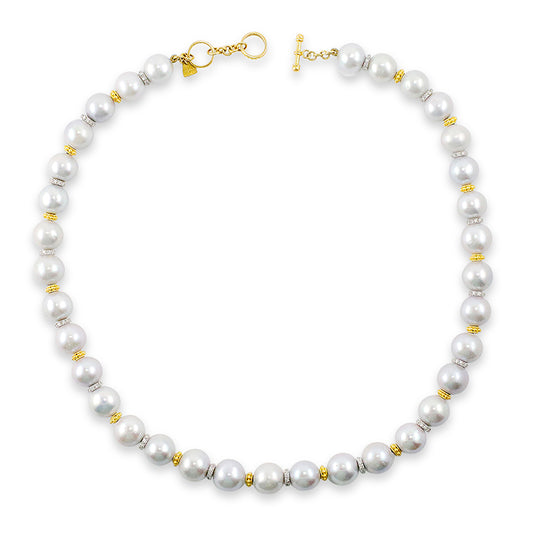 "Lola Pearl" Necklace (Silver Freshwater Pearl, Diamond, 18k White Gold, 22k Yellow Gold)