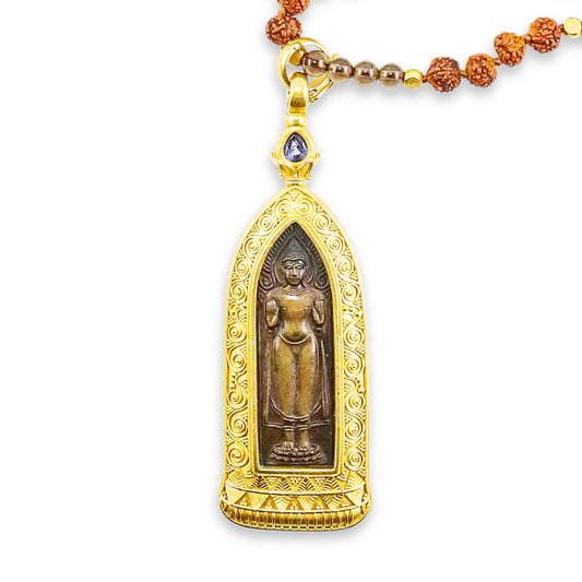 "Nirvana Standing Buddha" Pendant (Copper Amulet, Sapphire, Diamond, 22k Gold)