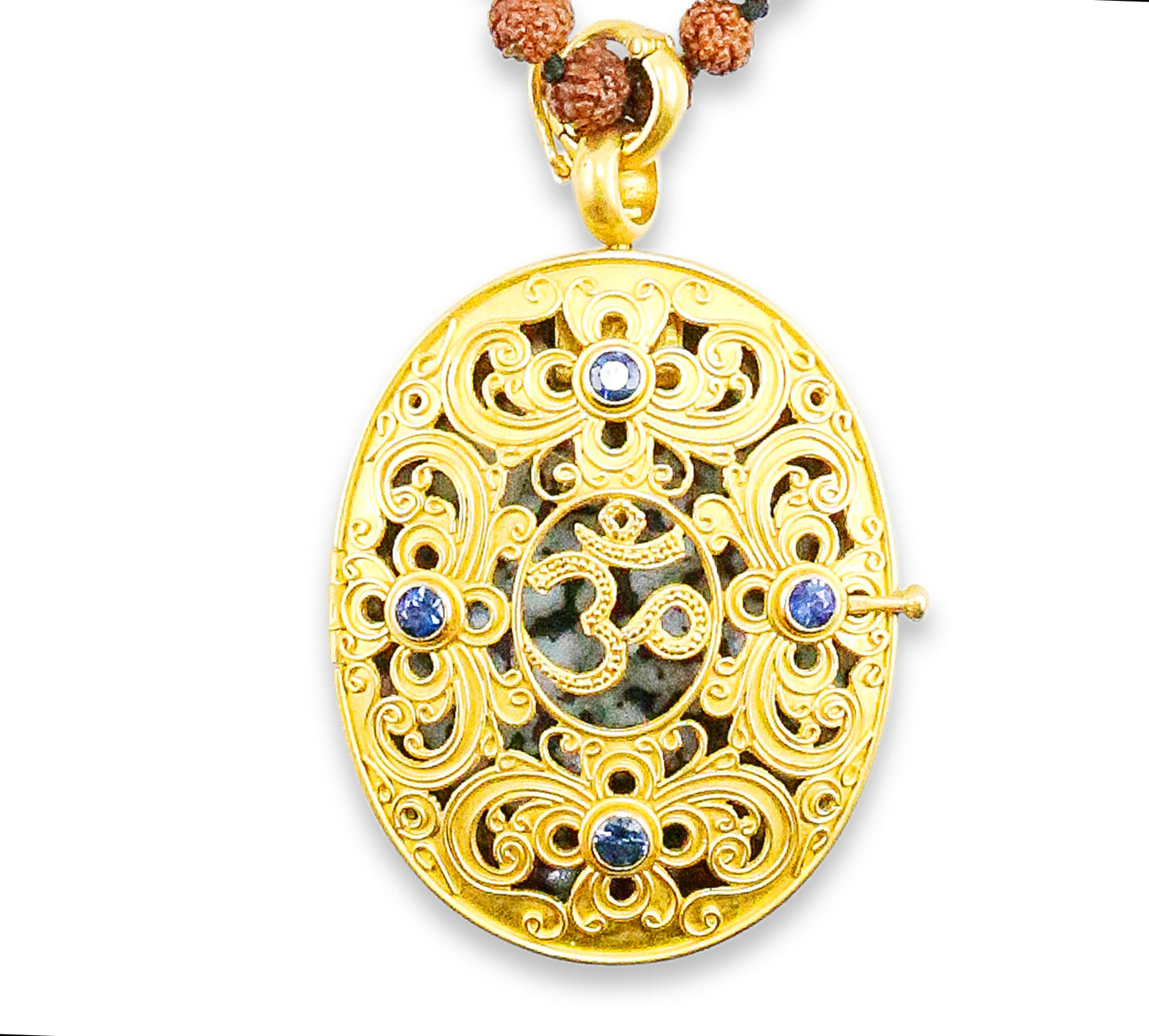 "Shiva Prayer Locket" Pendant (Copper Enamel, Sapphire, 22k Gold)