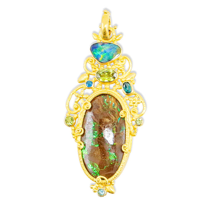 "Faerie" Pendant (Australian Yowah and Boulder Opal, Garnet, Sphene, Peridot, 22k Gold)