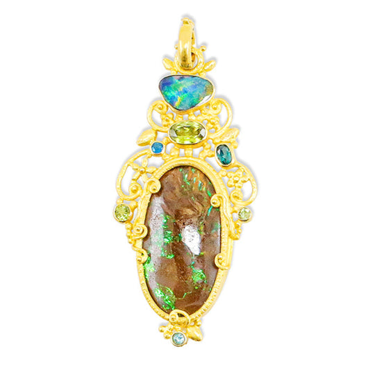 "Faerie" Pendant (Australian Yowah and Boulder Opal, Garnet, Sphene, Peridot, 22k Gold)