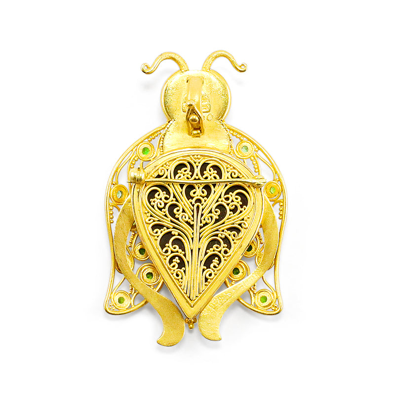 "Beetle" Pendant/Pin (Fossil Ammolite, Mandarin and Tsavorite Garnet, 22k Gold)