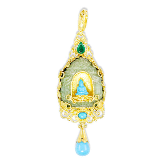 "Candi Shrine" Pendant (Hand-Carved Emerald, Turquoise, 22km, 18k Gold)
