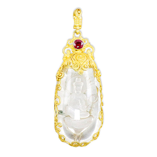 "Seated Lotus Buddha" Pendant (Hand-Carved Quartz Crystal, Ruby, 18k, 22k Gold)