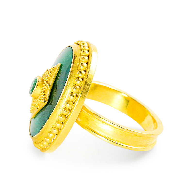 "Gatsby" Ring (Green Agate, Emerald, 18k, 22k Gold, Rhodium)