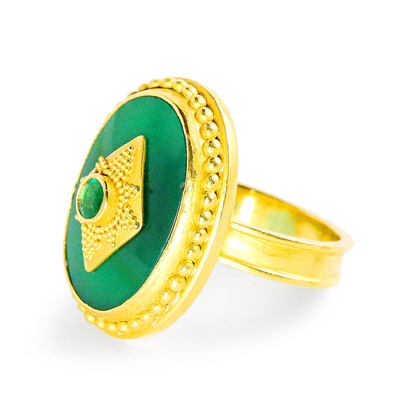 "Gatsby" Ring (Green Agate, Emerald, 18k, 22k Gold, Rhodium)