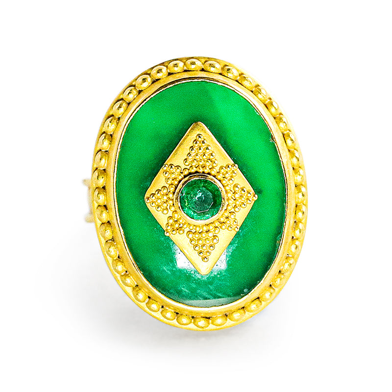 "Gatsby" Ring (Green Agate, Emerald, 18k, 22k Gold, Rhodium)