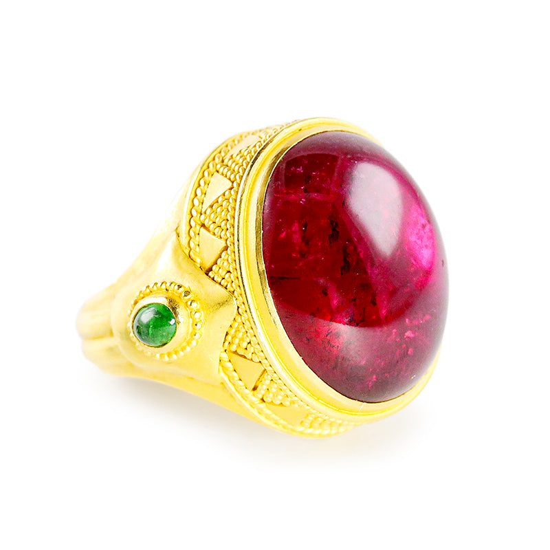 "Nefertiti" Ring (Rubellite Tourmaline, Green Tsavorite Garnet, 22k Gold)