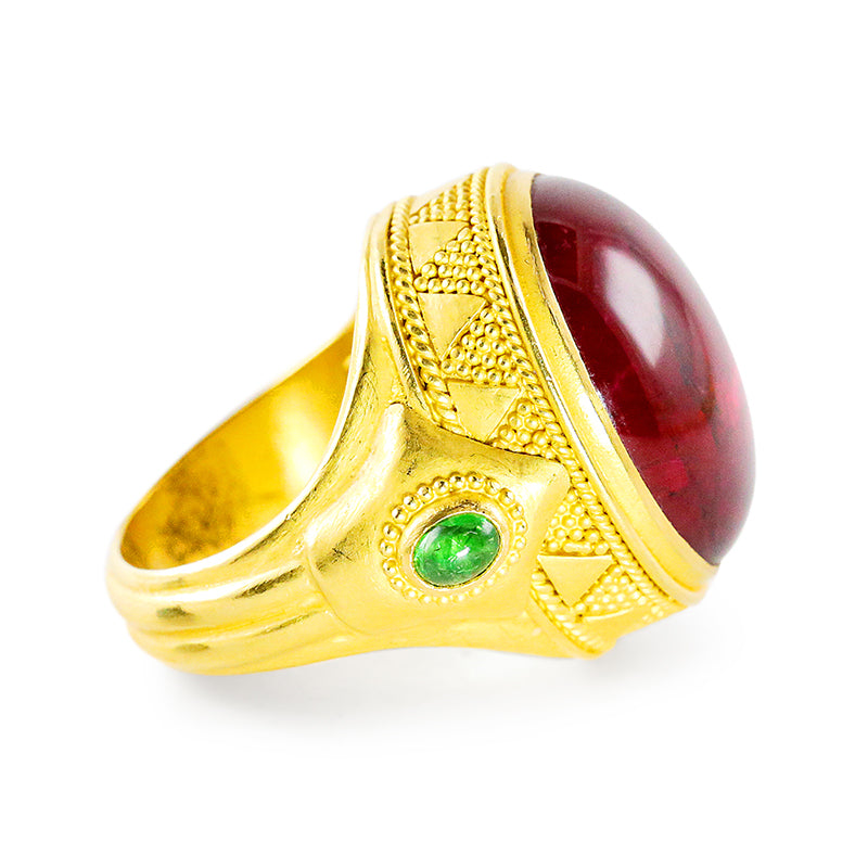 "Nefertiti" Ring (Rubellite Tourmaline, Green Tsavorite Garnet, 22k Gold)