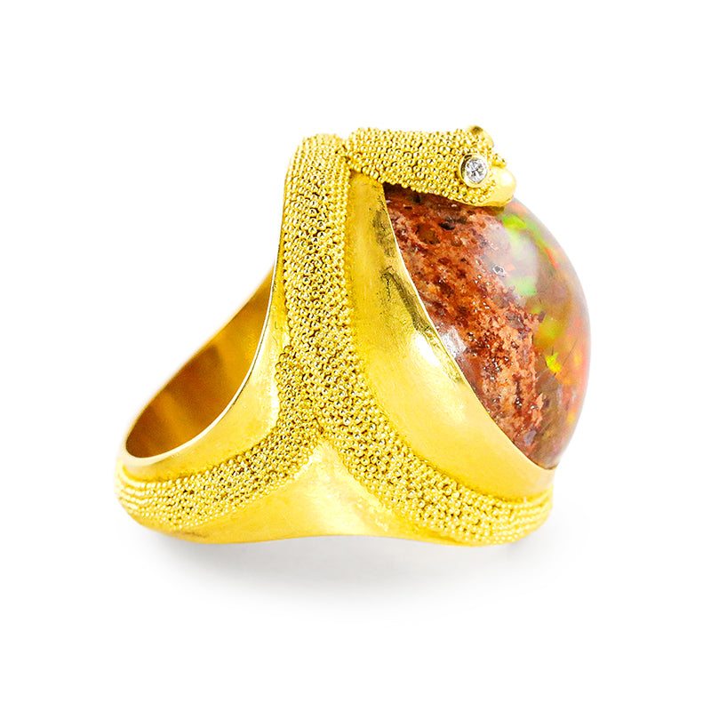 "Spiral Snake" Ring (Mexican Fire Opal, Diamond, 22k Gold)