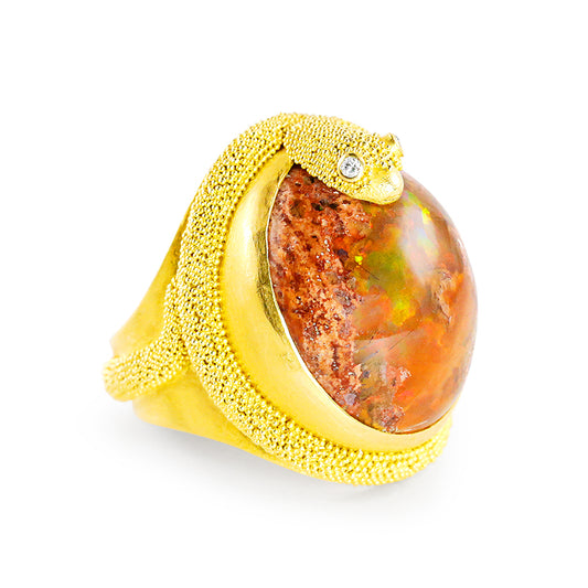 "Spiral Snake" Ring (Mexican Fire Opal, Diamond, 22k Gold)