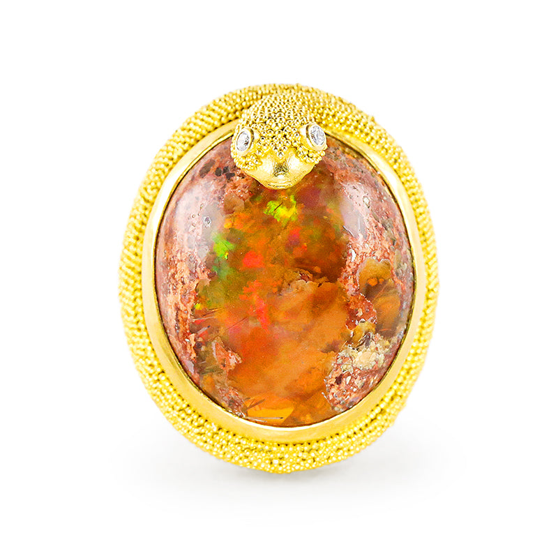 "Spiral Snake" Ring (Mexican Fire Opal, Diamond, 22k Gold)