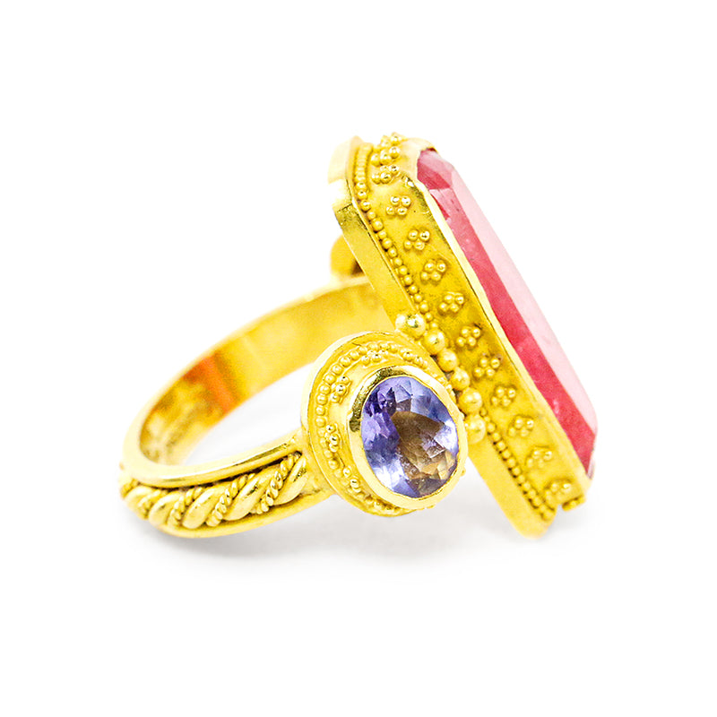 "Adrienne" Ring (Rhodonite, Tanzanite, 22k Gold)