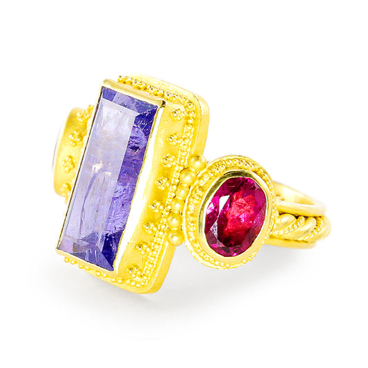 "Adrienne" Ring (Tanzanite, Rubellite Tourmaline, 22k Gold)