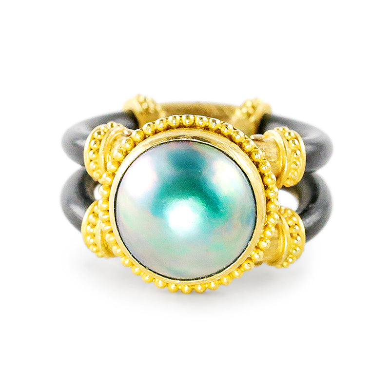 "Devlin" Ring (Mabe Pearl, Neoprene Rubber, 22k, 18k Gold)