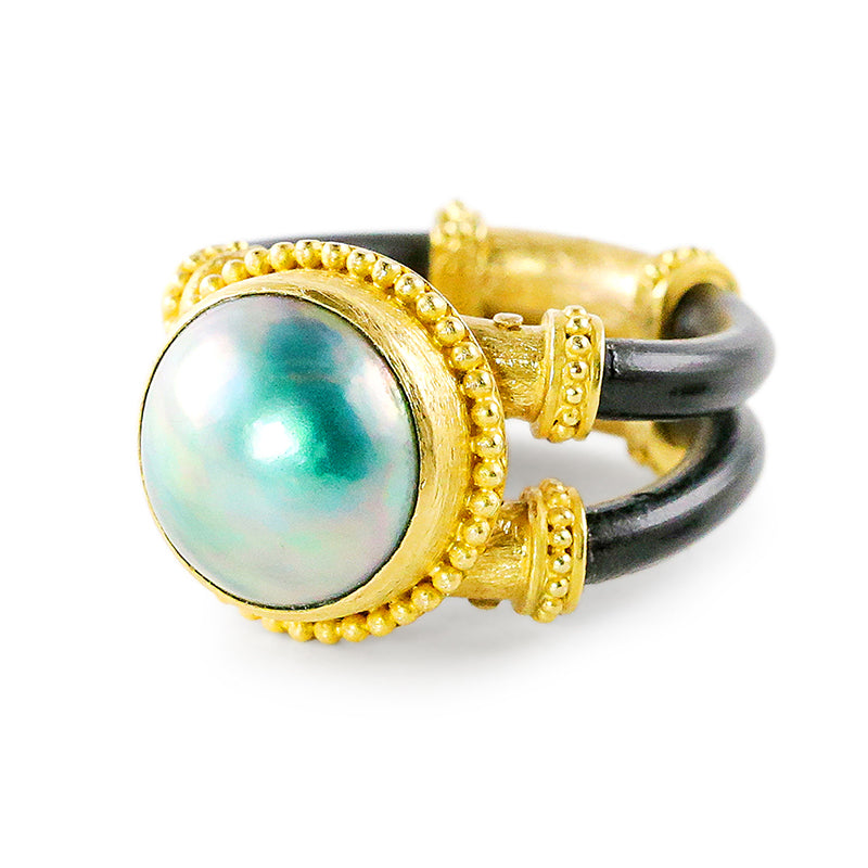 "Devlin" Ring (Mabe Pearl, Neoprene Rubber, 22k, 18k Gold)