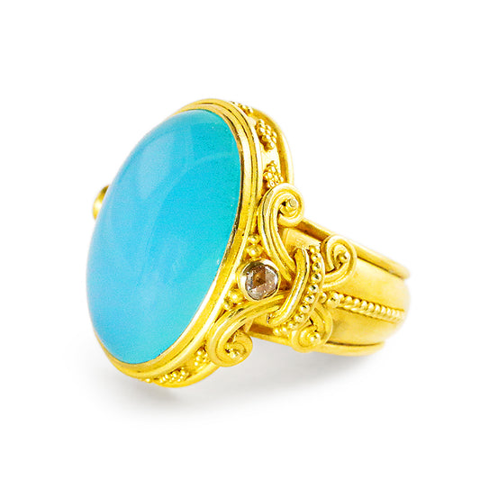 "Fleur de Lys" Ring (Blue Chalcedony Agate, Diamond, 22k Gold)