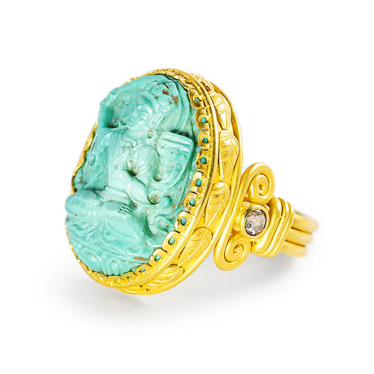 "Corinthia Goddess" Ring (Carved Turquoise, Diamond, 22k Gold)