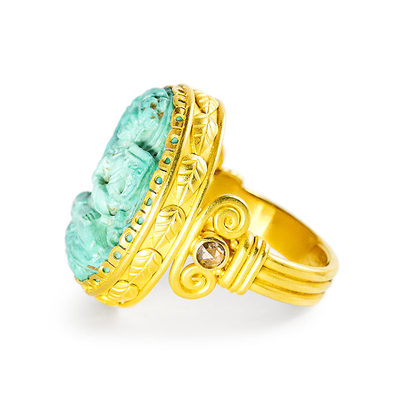 "Corinthia Goddess" Ring (Carved Turquoise, Diamond, 22k Gold)