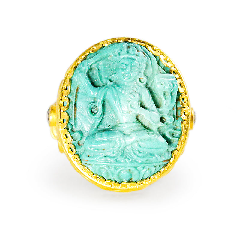 "Corinthia Goddess" Ring (Carved Turquoise, Diamond, 22k Gold)
