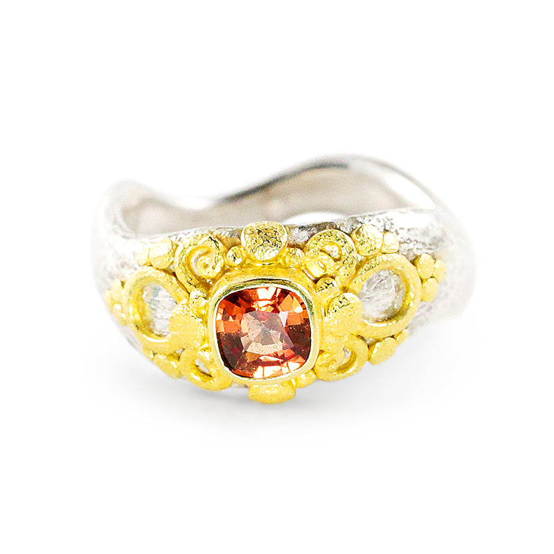 "Glastonbury" Ring (Orange Sapphire, 22k Gold, Sterling Silver)