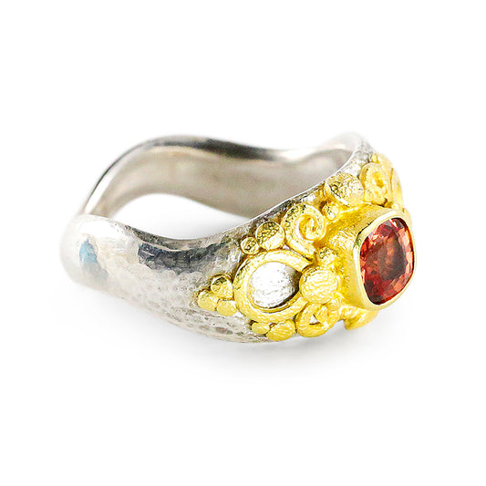 "Glastonbury" Ring (Orange Sapphire, 22k Gold, Sterling Silver)
