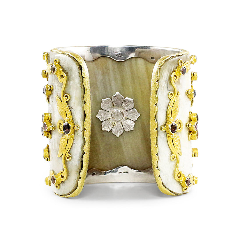 "Angkor" Cuff Bracelet (Antelope Horn, Sapphires, Garnets, 22k Gold, Silver)