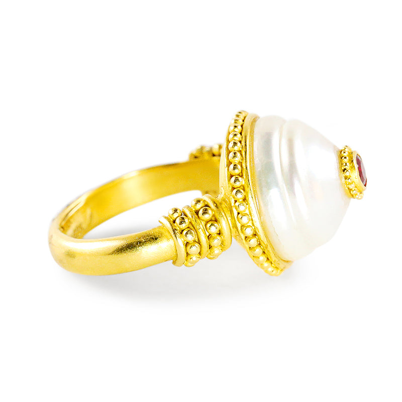 "Studded Ben" Ring (South Sea Pearl, Ruby, 22k Gold)