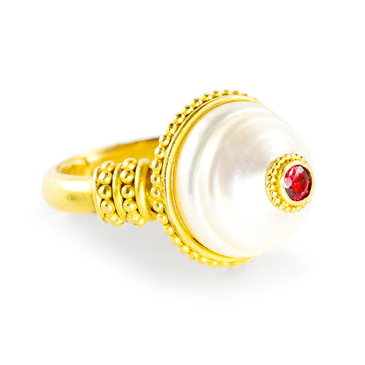 "Studded Ben" Ring (South Sea Pearl, Ruby, 22k Gold)