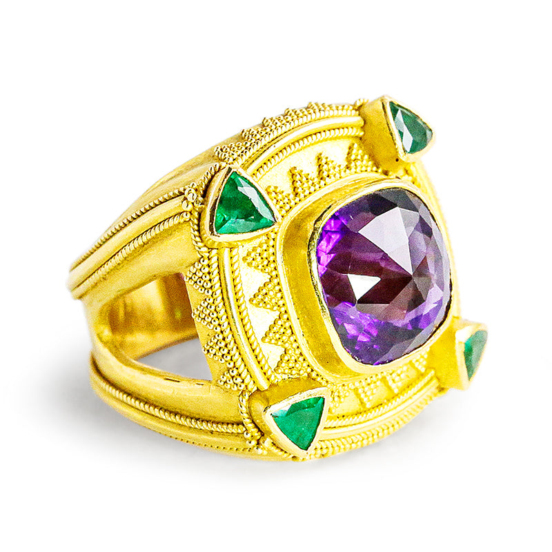 "Four Corners" Ring (Emerald, Amethyst, 22k Gold)