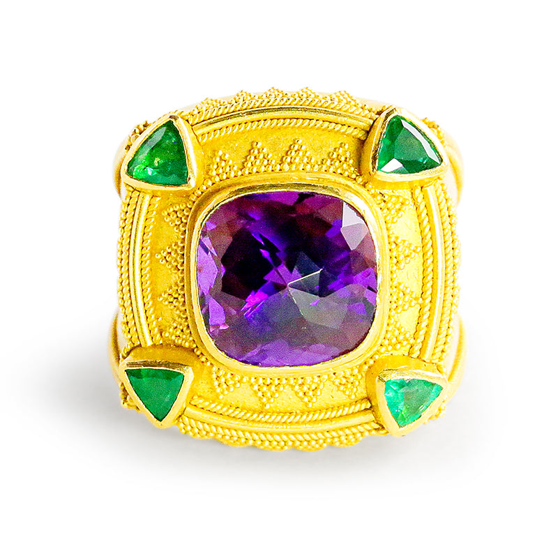 "Four Corners" Ring (Emerald, Amethyst, 22k Gold)