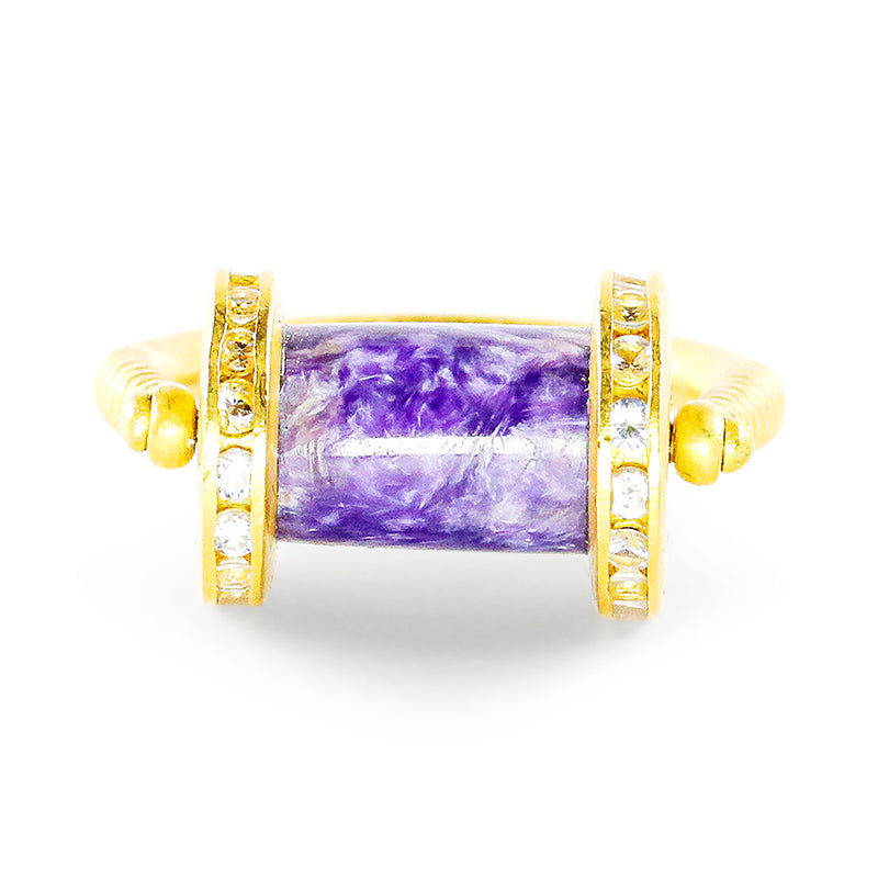 "Fancy Horus" Ring (Charoite, White Sapphire, 22k Gold)