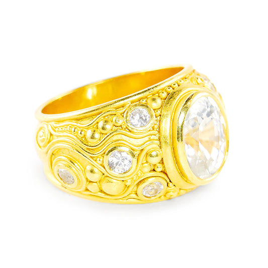 "Neptune" Ring (White Cambodian Zircon, 22k Gold)