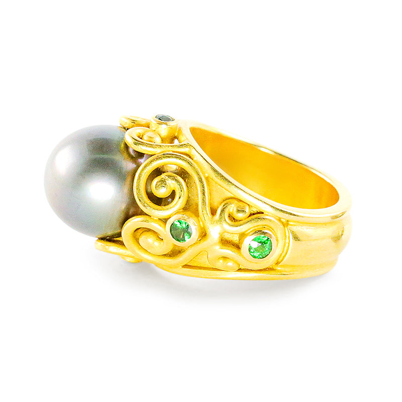 "Fern" Ring (Tahitian Pearl, Tsavorite Garnet, 22k Gold)