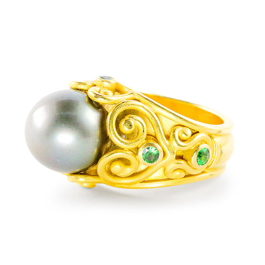 "Fern" Ring (Tahitian Pearl, Tsavorite Garnet, 22k Gold)