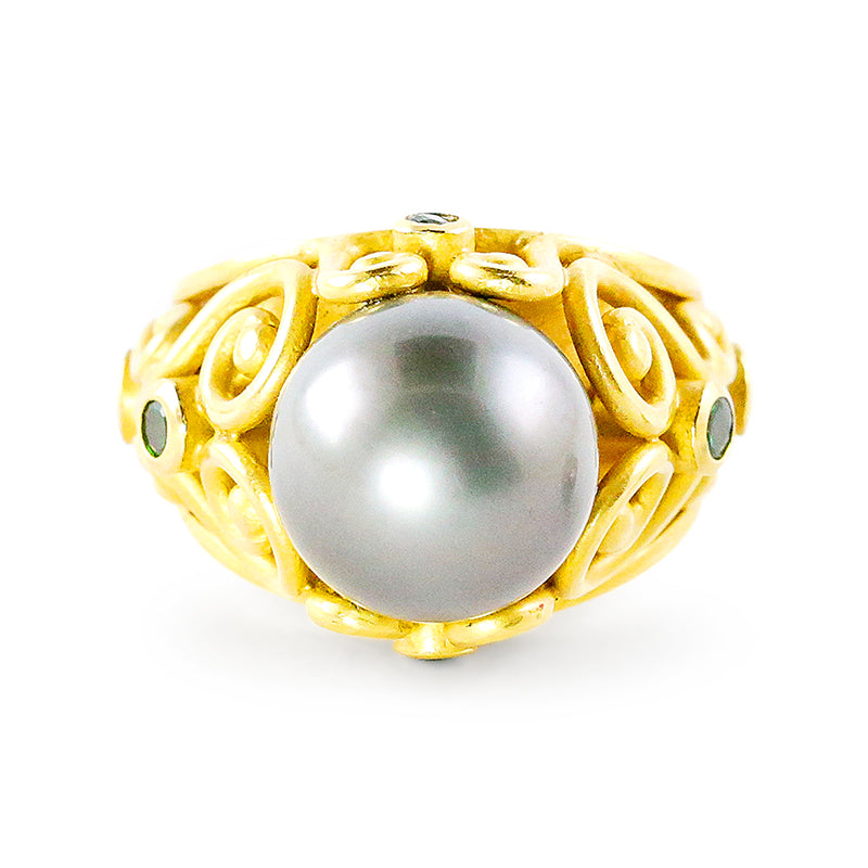 "Fern" Ring (Tahitian Pearl, Tsavorite Garnet, 22k Gold)