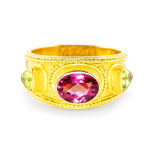 "Herculaneum" Band Ring (Peridot, Rubellite Tourmaline, 22k Gold)