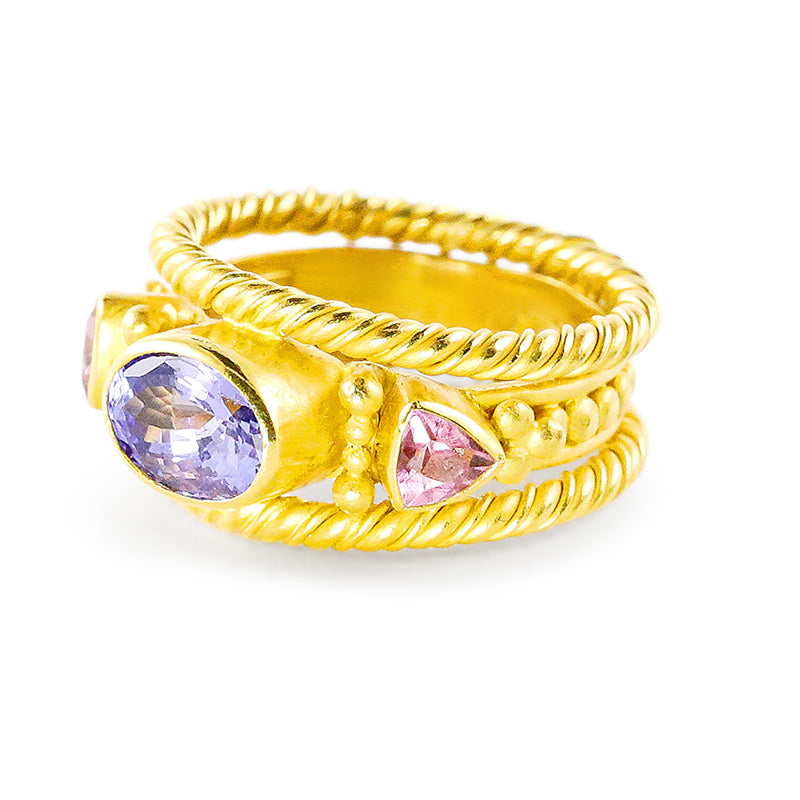 "Trinity Twist" Ring (Tanzanite, Pink Tourmaline, 22k Gold)
