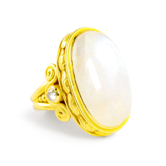 "Corinthia Column" Ring (Rainbow Moonstone, Diamond, 22k Gold)