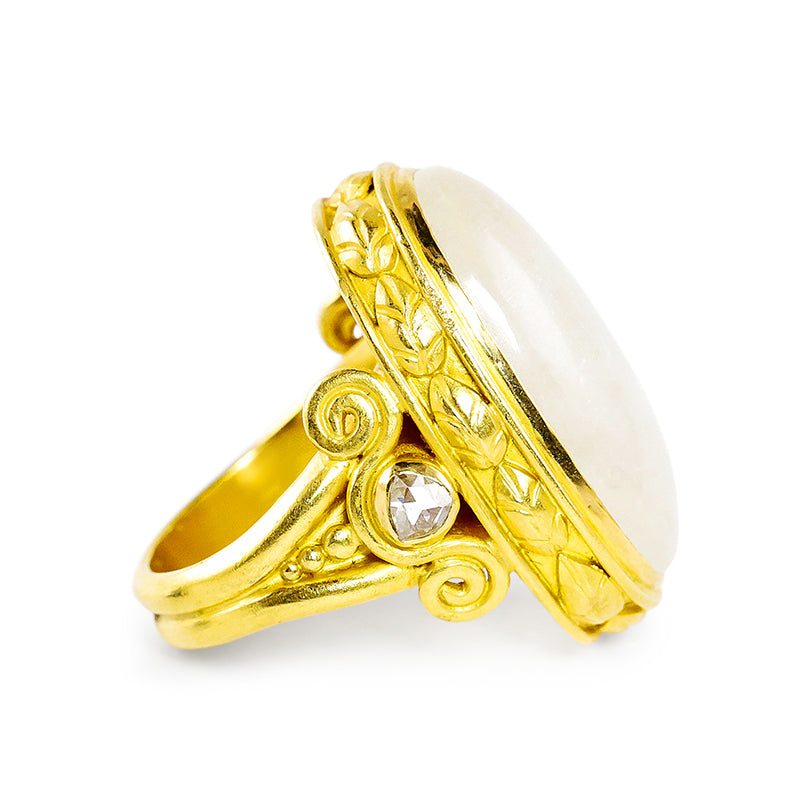 "Corinthia Column" Ring (Rainbow Moonstone, Diamond, 22k Gold)