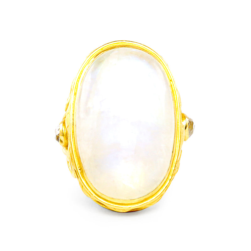 "Corinthia Column" Ring (Rainbow Moonstone, Diamond, 22k Gold)